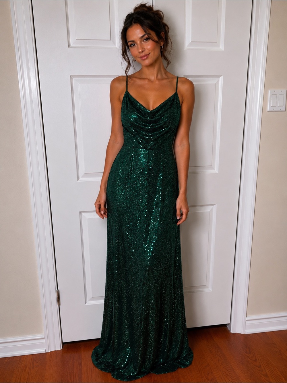 Emerald Green Sequin Spaghetti Strap Gown